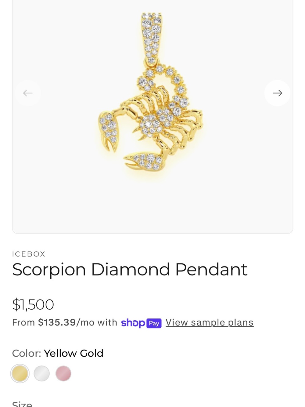 Icebox Yellow Gold Scorpion Diamond Pendant Necklace